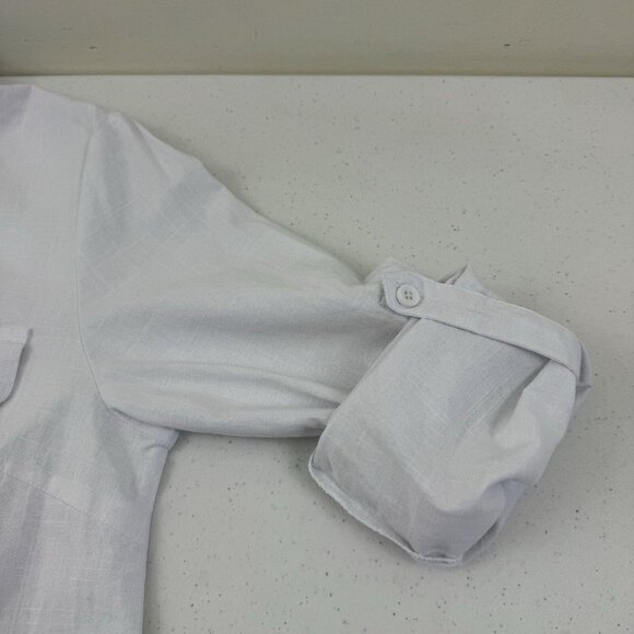 Womens Button Down Long Sleeve Shirts Casual V Neck Cotton Linen Roll Sleeve S - Picture 8 of 9